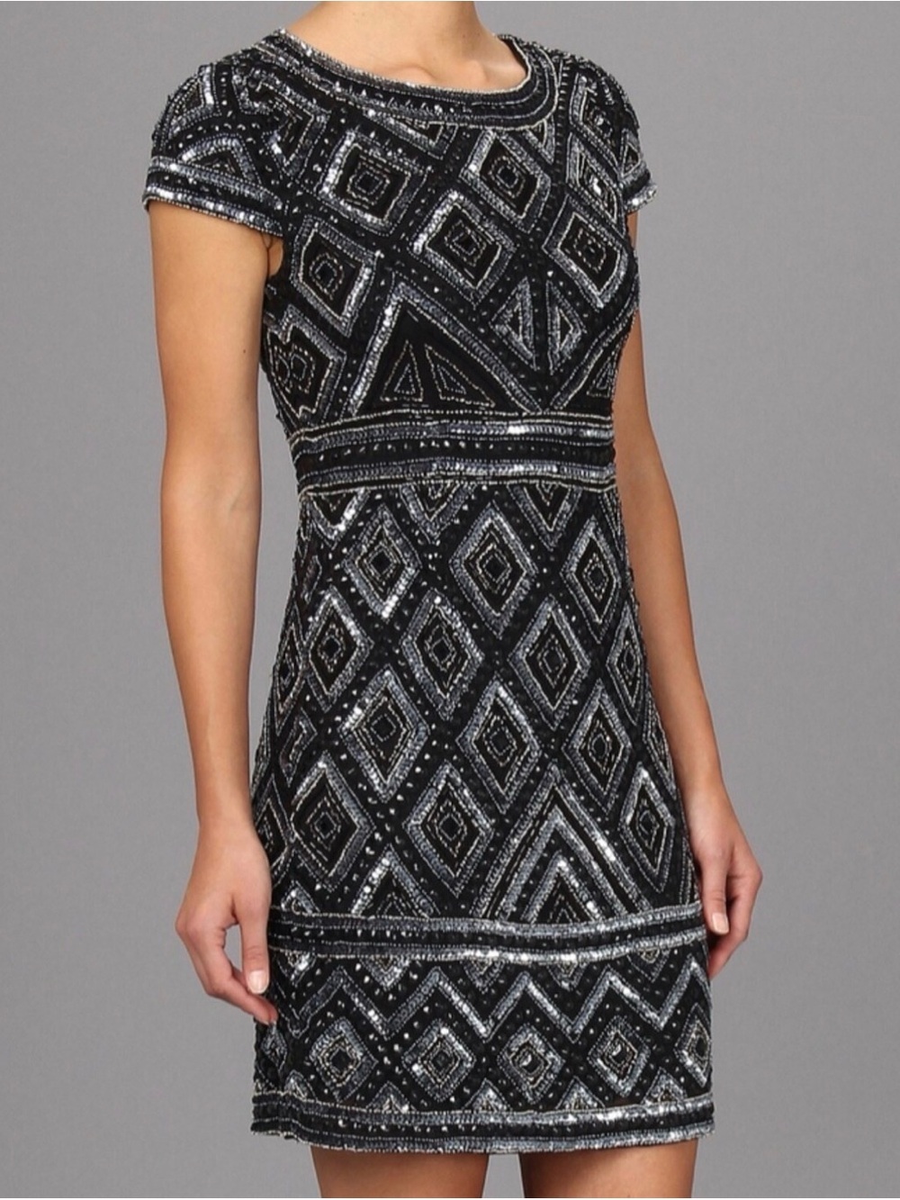 Adrianna Papell Gray Silver Beaded Sequin Sheath Dress 10P Short Sleeve dress